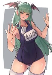  1girl absurdres ap_cammy bare_shoulders blue_one-piece_swimsuit blunt_bangs breasts green_eyes green_hair head_wings highres large_breasts long_hair morrigan_aensland one-piece_swimsuit smile solo swimsuit thighhighs thighs vampire_(game) white_thighhighs wings 
