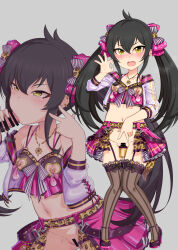  1boy 1girl absurdres bar_censor belt black_hair black_thighhighs blush bow breasts censored clothing_cutout condom dildo earrings fellatio gozaru grey_background hair_bow heart_cutout hetero highres idolmaster idolmaster_cinderella_girls jewelry loli long_hair looking_at_viewer matoba_risa midriff navel necklace nipple_cutout nipple_piercing nipples object_insertion open_mouth oral penis piercing pleated_skirt pussy pussy_juice sex_toy simple_background skirt small_breasts sweat thighhighs twintails used_condom vaginal vaginal_object_insertion variant_set yellow_eyes 