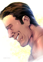  1boy :d billy_herrington brown_hair closed_eyes gachimuchi grin highres male_focus open_mouth portrait real_life smile solo teeth try_(lsc) upper_body white_background 