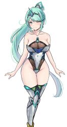 1girl absurdres bare_shoulders breasts chascoby collarbone curvy green_eyes green_hair highleg highleg_leotard highres large_breasts leotard one_eye_closed pneuma_(xenoblade) ponytail simple_background solo thigh_gap thighhighs white_background xenoblade_chronicles_(series) xenoblade_chronicles_2 rating:Sensitive score:9 user:RIG