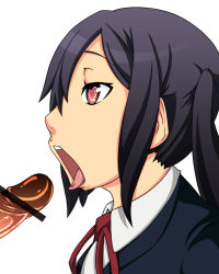  1girl artist_request black_hair brown_eyes censored fellatio k-on! loli nakano_azusa open_mouth oral penis simple_background symbol-shaped_pupils  rating:Explicit score:12 user:hitode