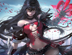  1girl armor bandages belt black_hair breasts chain claws cleavage coat highres long_hair looking_at_viewer navel sakimichan short_shorts shorts sky smile solo standing tales_of_(series) tales_of_berseria torn_clothes velvet_crowe very_long_hair yellow_eyes  rating:Sensitive score:61 user:jayage5ds