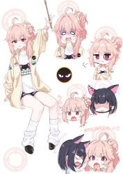  2girls absurdres ahoge anger_vein animal_ears black_footwear black_hair black_mask black_skirt blue_archive blush cat_ears closed_mouth collarbone colored_inner_hair crossed_arms drumsticks extra_ears hair_between_eyes halo highres holding holding_drumsticks jacket kazusa_(band)_(blue_archive) kazusa_(blue_archive) long_hair long_sleeves loose_socks mask mask_pull mouth_mask multicolored_hair multiple_girls multiple_views natsu_(band)_(blue_archive) natsu_(blue_archive) o_o official_alternate_costume open_clothes open_jacket pandoa_(mikage0495) parted_lips pink_hair pink_halo pleated_skirt red_eyes shaded_face shirt shoes short_hair simple_background skirt socks translation_request white_background white_shirt white_socks yellow_jacket 