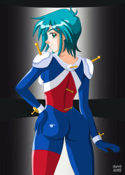  1girl allenby_beardsley artist_request ass backboob blue_hair blush bodysuit breasts from_behind g_gundam green_eyes gundam looking_at_viewer looking_back medium_breasts mobile_trace_suit shiny_clothes short_hair skin_tight smile solo  rating:Sensitive score:12 user:armorcrystal