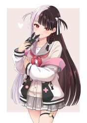  1girl black_hair blunt_bangs blunt_ends border bow braid breasts bright_pupils buttons cardigan cellphone closed_mouth collarbone cowboy_shot diagonal_bangs grey_cardigan grey_sailor_collar grey_skirt hair_bow hair_ribbon hand_up haniwa_(leaf_garden) holding holding_phone jacket light_blush long_hair long_sleeves looking_at_viewer medium_breasts miniskirt multicolored_clothes multicolored_hair multicolored_jacket nail_polish neckerchief nijisanji o-ring_strap off_shoulder open_clothes open_jacket outside_border phone pink_nails pleated_skirt red_eyes red_neckerchief ribbon sailor_collar side_braid simple_background skirt smartphone smile solo split-color_hair streaked_hair thigh_strap two_side_up very_long_hair virtual_youtuber white_bow white_hair white_pupils white_ribbon yorumi_rena zipper 