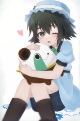 1girl ;d bare_legs black_footwear black_hair blue_dress blue_hat blurry blush boots bright_pupils depth_of_field dress frilled_hat frills gears green_eyes hat hat_ribbon heart holding holding_stuffed_toy kanzaki_nyo looking_at_viewer one_eye_closed open_mouth puffy_short_sleeves puffy_sleeves ribbon shiina_mayuri short_hair short_sleeves sidelocks sitting smile solo steins;gate stuffed_toy twitter_username upa_(steins;gate) watermark white_pupils white_ribbon 