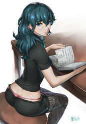  1girl ass blue_eyes book byleth_(female)_(fire_emblem) byleth_(fire_emblem) fire_emblem fire_emblem:_three_houses green_hair hair_between_eyes light_blush looking_at_viewer nintendo open_book ozkh panties panty_peek pantyhose pantyhose_under_shorts parted_lips pencil_skirt pink_panties short_shorts shorts simple_background skirt solo thong underwear wavy_hair whale_tail whale_tail_(clothing) 