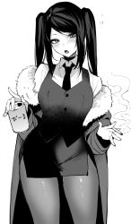  1girl beer_can blush breasts can cigarette coat danimaru drink_can fur_trim greyscale highres jill_stingray long_hair looking_at_viewer monochrome necktie off_shoulder open_mouth pantyhose pencil_skirt simple_background skirt smoke solo teeth thighs twintails va-11_hall-a vest white_background wide_hips  rating:Sensitive score:83 user:danbooru