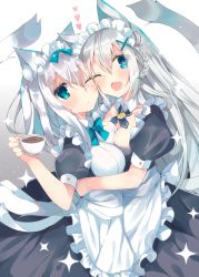 2girls ;&lt; ;d animal_ears apron aqua_nails asymmetrical_docking blue_eyes blush bow bowtie braid breast_press breasts cat_ears cat_tail cheek-to-cheek coffee coffee_cup commentary_request cup detached_collar disposable_cup dress fang fingernails french_braid gradient_background grey_hair hair_between_eyes hair_ornament has_bad_revision has_downscaled_revision heads_together heart holding holding_cup hug long_hair looking_at_viewer maid maid_apron maid_headdress md5_mismatch medium_breasts multiple_girls nail_polish one_eye_closed open_mouth original puffy_short_sleeves puffy_sleeves resolution_mismatch satsuki_mayuri short_sleeves siblings sisters smile source_smaller sparkle tail wing_collar x_hair_ornament rating:Sensitive score:5 user:danbooru