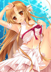  10s 1girl :d arm_up asuna_(sao) asuna_(sao-alo) bare_shoulders blush breasts brown_eyes brown_hair chain cleavage cleavage_cutout clothing_cutout ear_covers elf large_breasts leg_up long_hair looking_at_viewer looking_back midriff minatsuki_alumi navel open_mouth pointy_ears ribbon shiny_skin smile solo sword_art_online titania_(sao)  rating:Sensitive score:21 user:danbooru