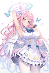  1girl angel_wings armpits black_scrunchie blue_archive blue_ribbon blush breasts bug butterfly buttons capelet dress feathered_wings frilled_ribbon frills gradient_hair hair_bun halo highres insect kaworu_(1030) large_breasts long_hair looking_at_viewer low_wings mika_(blue_archive) multicolored_hair naughty_face no_bra pantyhose pink_hair pink_halo presenting presenting_armpit raised_eyebrows ribbon scrunchie sideboob simple_background single_side_bun smile solo white_capelet white_dress white_pantyhose white_wings wing_ornament wings wrist_scrunchie yellow_eyes 