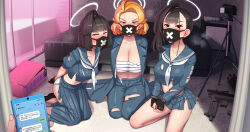  3girls abubu anal_beads arms_behind_back bed black_eyes black_hair black_mask blue_archive blue_serafuku blunt_bangs blush bound bound_wrists breasts camera chest_sarashi commentary commentary_request cuffs delinquent english_commentary fingerless_gloves gloves halo handcuffs highres kneeling large_breasts long_sleeves looking_at_viewer mask mixed-language_commentary mouth_mask multiple_girls nude panties ponytail sarashi school_uniform seiza serafuku sex_toy shirt side_ponytail sitting skirt sukeban sukeban_(mg)_(blue_archive) sukeban_(smg)_(blue_archive) sukeban_(sr)_(blue_archive) surgical_mask torn_clothes torn_shirt torn_skirt underwear white_halo white_panties x x_mark 