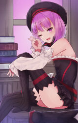  1girl ;d absurdres bare_shoulders black_dress black_hat black_thighhighs book book_stack breasts commentary detached_collar detached_sleeves dress fate/grand_order fate_(series) foot_out_of_frame hand_up hat helena_blavatsky_(fate) highres indoors knee_up looking_at_viewer looking_to_the_side one_eye_closed open_mouth purple_eyes purple_hair short_hair smile solo strapless strapless_dress teeth thighhighs upper_teeth_only v white_sleeves window yozakura_rakuza  rating:Sensitive score:4 user:danbooru
