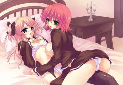 2girls ass bad_id bad_pixiv_id bed blonde_hair blue_eyes blush bow bra bra_pull breasts candle clothes_lift clothes_pull flat_chest frottage garter_belt green_eyes hair_bow highres huge_breasts kajo lingerie long_hair multiple_girls nipples panties pillow quiz_magic_academy red_hair ruquia school_uniform shalon short_hair short_twintails skirt skirt_lift skirt_pull thighhighs twintails two_side_up underwear yuri rating:Explicit score:53 user:danbooru