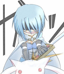 10s blue_hair kyubey magical_girl mahou_shoujo_madoka_magica mahou_shoujo_madoka_magica_(anime) miki_sayaka smile sword weapon rating:Sensitive score:4 user:danbooru