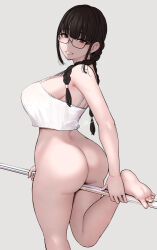 1girl ass bare_shoulders barefoot black_hair blush bottomless braid breasts brown_eyes camisole crop_top earrings glasses grin jewelry large_breasts long_hair looking_at_viewer low_twin_braids miyamoto_issa original sidelocks smile solo thick_thighs thighs twin_braids white_camisole 