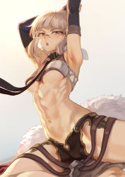  1girl abs arm_up armor armpits backlighting bare_shoulders belt black_necktie black_shorts blue_ribbon blunt_bangs breastplate breasts detached_collar fate/grand_order fate_(series) fur_trim glasses gradient_background grey_hair hair_ribbon highres long_hair looking_at_viewer mashuu_(neko_no_oyashiro) medium_breasts micro_shorts muscular muscular_female navel necktie open_mouth penthesilea_(fate) ribbon shorts sidelocks solo stretching thighs toned underboob yellow_eyes  rating:Sensitive score:51 user:danbooru