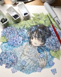  1boy art_tools_in_frame black_hair blue_flower fingernails flower frilled_shirt frills fukashi_fugashi hand_up hashtag-only_commentary highres hydrangea in_water leaf lying on_back original painting_(medium) parted_lips petals shirt short_hair solo traditional_media upper_body water watercolor_(medium) white_shirt 