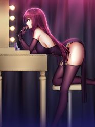 1girl applying_makeup ass bad_id bad_pixiv_id bare_shoulders breasts cosmetics dress elbow_gloves fate/grand_order fate_(series) feet_out_of_frame from_side garter_straps gloves hair_between_eyes hair_intakes hip_focus holding large_breasts leaning_forward legs lipstick lipstick_tube long_hair long_legs looking_away makeup mallizmora on_one_knee parted_lips pelvic_curtain profile purple_dress purple_gloves purple_hair purple_thighhighs red_eyes scathach_(fate) sideboob sleeveless sleeveless_dress solo stool thighhighs thighs very_long_hair rating:Sensitive score:67 user:danbooru