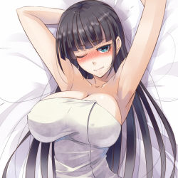 1girl armpits arms_up black_hair blue_eyes blush breasts cleavage covered_erect_nipples large_breasts long_hair looking_at_viewer lying naked_towel on_back one_eye_closed original smile solo towel wink ygo_(kintsuba) rating:Questionable score:57 user:danbooru