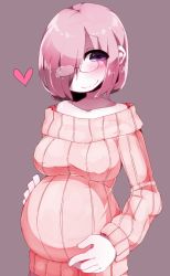  1girl big_belly breasts brush check_commentary cleavage commentary_request fate/grand_order fate_(series) glasses hand_on_own_stomach heart inutanukihara kurihara_kinuo mash_kyrielight pregnant purple_eyes purple_hair smile solo sweater  rating:Sensitive score:32 user:danbooru