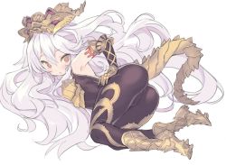 1girl ass bare_shoulders blade_(galaxist) blush bodysuit boots commentary elbow_gloves full_body gloves granblue_fantasy hair_between_eyes headpiece light_purple_hair long_hair looking_back lying medusa_(shingeki_no_bahamut) on_side parted_lips pointy_ears red_eyes shingeki_no_bahamut simple_background sleeveless solo tail very_long_hair white_background rating:Sensitive score:18 user:danbooru