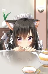 1girl animal_ear_fluff animal_ears blush bow brown_hair cat_ears cat_girl cat_tail closed_mouth commentary_request cup fingernails flower frills hair_between_eyes highres indoors long_hair looking_at_viewer maid maid_headdress original pentagon_(railgun_ky1206) purple_eyes reflection solo table tail tail_bow tail_ornament tea teacup teapot upper_body vase white_bow white_flower rating:General score:12 user:danbooru