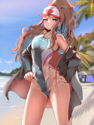  1girl baseball_cap beach blue_eyes blue_sky blush breasts brown_hair competition_swimsuit covered_navel creatures_(company) day game_freak groin hands_on_own_hips hat high_ponytail highleg highleg_swimsuit highres hilda_(pokemon) hood hooded_jacket jacket light_frown looking_at_viewer medium_breasts momdy_(talesshinja) nintendo off_shoulder one-piece_swimsuit outdoors pokemon pokemon_bw sky solo swimsuit thighs v-shaped_eyebrows wallpaper  rating:Sensitive score:15 user:danbooru
