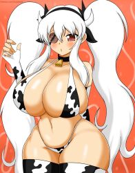 1girl animal_ears animal_print blush breasts chestnut_mouth cow_ears cow_girl cow_horns cow_print cow_print_bikini cowbell curvy elbow_gloves eyepatch female_focus fingerless_gloves gloves hair_between_eyes highres horns huge_breasts navel orange_background plump print_bikini senran_kagura shiny_skin solo soulkibble standing thick_thighs thighhighs thighs twintails white_hair wide_hips yagyu_(senran_kagura) rating:Questionable score:19 user:Orphan_crippler