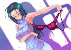  1girl ahoge armpits blue_hair blush bra breasts closed_eyes covered_erect_nipples embarrassed female_focus idolmaster idolmaster_(classic) large_breasts lingerie long_hair miura_azusa nipples shadow shirt solo sweater taut_clothes taut_shirt turtleneck underwear undressing yusa1019  rating:Sensitive score:42 user:annon-san