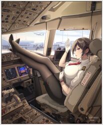  1girl 2024 absurdres aircraft airplane airplane_interior airport black_footwear black_hair black_pantyhose black_skirt border breasts closed_mouth cockpit collared_shirt earrings english_text gloves hand_up high_heels highres jewelry large_breasts legs legs_up light_smile lipstick looking_at_viewer makeup necktie original pantyhose pencil_skirt pilot_chair profile puffy_short_sleeves puffy_sleeves pumps push-button red_eyes red_lips red_necktie senjouhara_nira shirt short_hair short_necktie short_sleeves shoulder_boards sideways_glance sitting skirt solo stud_earrings twitter_username watch white_border white_gloves white_shirt wristwatch 