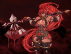  abs absurdres axe blood blood_on_face breasts dark_elf elf flaming_eye glowing glowing_eyes highres jewelry large_breasts long_hair milka01477 muscular muscular_female pointy_ears ponytail red_hair tattoo thick_thighs thighhighs thighs weapon 