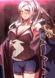  1girl absurdres armpits black_coat black_shorts blush braid breasts brown_eyes brown_gloves cleavage coat coat_partially_removed collarbone female_focus fire_emblem fire_emblem_awakening gloves grimace hand_in_own_hair highres large_breasts looking_at_viewer medium_hair nintendo off_shoulder parted_bangs red_background robin_(female)_(fire_emblem) robin_(fire_emblem) shorts simple_background solo sweat sweatdrop tank_top thick_thighs thighs to_(tototo_tk) twintails white_hair white_tank_top  rating:Sensitive score:16 user:macmanexe