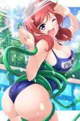 1girl absurdres ass blue_one-piece_swimsuit breasts cleavage commission empty_pool entangled highres holding holding_hose hose kirisaki_reina large_breasts looking_at_viewer looking_back love_live! love_live!_school_idol_project name_tag nishikino_maki one-piece_swimsuit one_eye_closed open_mouth pool purple_eyes red_hair school_swimsuit short_hair skeb_commission solo spraying swimsuit water wedgie rating:Sensitive score:24 user:danbooru