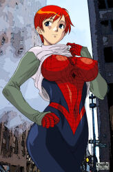  1girl 2000s_(style) blue_eyes bodysuit breasts cosplay covered_erect_nipples curvy full_body large_breasts marvel mary_jane_watson orange_hair short_hair spider-man_(cosplay) spider-man_(series)  rating:Sensitive score:3 user:Reikemo