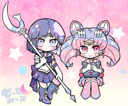  2girls :o back_bow bishoujo_senshi_sailor_moon blunt_bangs blunt_ends blush_stickers boots bow bowtie circlet closed_mouth collarbone collared_leotard commentary_request cone_hair_bun copyright_name cross-laced_footwear diamond_earrings double_bun earrings elbow_gloves expressionless eyelashes footwear_ribbon full_body glaive_(polearm) gloves gold_choker gradient_background hair_bun hair_ornament high_heel_boots high_heels holding holding_polearm holding_stuffed_toy holding_weapon jewelry knee_boots leotard long_hair looking_at_viewer magical_girl miniskirt multiple_girls own_hands_together parted_bangs parted_lips pink_background pink_bow pink_eyes pink_footwear pink_hair pink_sailor_collar pink_skirt pleated_skirt polearm purple_bow purple_bowtie purple_eyes purple_footwear purple_hair purple_sailor_collar purple_skirt ribbon sailor_chibi_moon sailor_collar sailor_saturn sailor_senshi_uniform short_sleeves short_twintails simple_background sitting skirt smile sparkle star_(symbol) starry_sky_print stuffed_animal stuffed_cat stuffed_toy terada_tera twintails weapon white_background white_gloves white_leotard white_ribbon white_sleeves 