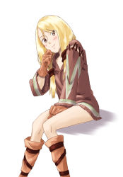  06erunium 1girl blonde_hair blush breasts brown_eyes closed_mouth commentary_request dress final_fantasy final_fantasy_tactics geomancer_(fft) gloves long_hair looking_at_viewer simple_background smile solo twintails 