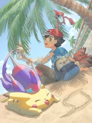  1boy absurdres arm_support ash_ketchum backpack bag blue_shirt commentary_request creatures_(company) day game_freak gen_1_pokemon gen_4_pokemon gen_7_pokemon hand_up hat highres lycanroc lycanroc_(dusk) male_focus mokukitusui nintendo open_mouth outdoors palm_tree pants pikachu poipole pokemon pokemon_(anime) pokemon_(creature) pokemon_sm_(anime) red_hat rotom rotom_dex rowlet sand shirt short_hair short_sleeves sitting sky striped_clothes striped_shirt torracat tree ultra_beast unworn_backpack unworn_bag 