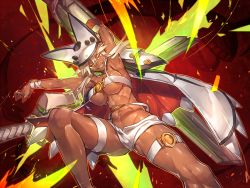 1girl abs arm_up armor armpits belt_bra blonde_hair breasts cape dark_skin dark-skinned_female female_focus grin guilty_gear guilty_gear_xrd hat hat_with_ears huge_weapon katana large_breasts looking_at_viewer melon22 muscular navel ramlethal_valentine revealing_clothes sharp_teeth short_shorts shorts smile solo strapless sword tan teeth thigh_strap toned tube_top underboob weapon yellow_eyes rating:Sensitive score:68 user:danbooru