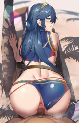  1boy 1girl absurdres alternate_costume anus ass back beach bent_over bikini bikini_bottom_aside blue_bikini blue_eyes blue_hair blush censored closed_mouth clothed_sex clothing_aside commentary commission dark-skinned_male dark_skin day feet_out_of_frame fire_emblem fire_emblem_awakening from_behind hair_between_eyes happy_sex hetero highres long_hair looking_at_viewer looking_back lucina_(fire_emblem) male_pubic_hair mazenda_(3378) mosaic_censoring nintendo outdoors palm_tree penis pov pubic_hair pussy sex sex_from_behind shadow skeb_commission smile solo_focus steaming_body swimsuit swimsuit_aside symbol-shaped_pupils thighs tiara tree vaginal  rating:Explicit score:113 user:danbooru