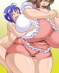 2girls :d apron blue_hair blush breasts brown_hair censored curvy gigantic_breasts grabbing grabbing_another&#039;s_breast groping highres mature_female multiple_girls nude open_mouth penis simple_background smile tetsujinex thick_thighs thighs wide_hips rating:Questionable score:29 user:TheUndertaker