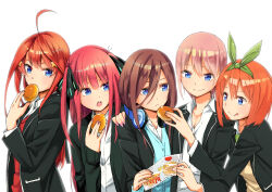 5girls :q absurdres ahoge black_jacket black_ribbon blazer blue_cardigan blue_eyes blunt_bangs butterfly_hair_ornament cardigan collared_shirt commentary_request eating feeding food go-toubun_no_hanayome green_ribbon hair_between_eyes hair_ornament hair_ribbon hand_on_another&#039;s_shoulder headphones headphones_around_neck highres holding holding_food jacket long_hair long_hair_between_eyes multiple_girls nail_polish nakano_ichika nakano_itsuki nakano_miku nakano_nino nakano_yotsuba orange_hair pink_hair pink_nails quintuplets raaayama red_hair red_sweater_vest ribbon school_uniform shirt short_hair side-by-side smile star_(symbol) star_hair_ornament sweater_vest tongue tongue_out two_side_up white_background white_shirt