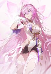  1girl bare_shoulders breasts commentary dress elysia_(herrscher_of_human:ego)_(honkai_impact) elysia_(honkai_impact) feet_out_of_frame gloves hair_between_eyes hand_up highres honkai_(series) honkai_impact_3rd large_breasts lettereast long_hair looking_at_viewer parted_lips pink_eyes pink_hair solo standing very_long_hair white_dress white_gloves  rating:Sensitive score:7 user:danbooru