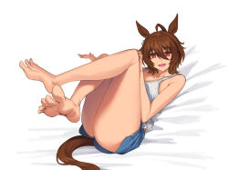  1girl absurdres agnes_tachyon_(umamusume) ahoge animal_ears barefoot boxers commentary_request crossed_legs earrings feet foreshortening fukuro_(maruaru00) full_body highres horse_ears horse_girl horse_tail jewelry looking_at_viewer lying male_underwear medium_hair on_back red_eyes single_earring soles solo tail tank_top thigh_focus toes umamusume underwear white_tank_top 