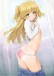  1girl ass blonde_hair blush breasts clothes_lift clothes_pull commentary_request cowboy_shot curtains green_eyes hair_bobbles hair_ornament idolmaster idolmaster_cinderella_girls ishikei jougasaki_rika long_hair long_sleeves looking_back nipples no_bra open_mouth panties pants pants_pull petite pink_panties revision shirt_lift skindentation small_breasts solo two_side_up underwear window  rating:Questionable score:214 user:danbooru