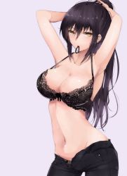 1girl adjusting_hair armpits arms_on_head arms_up black_bra black_hair black_panties black_pants blush bow bow_bra bra breasts cleavage collarbone floral_print hair_between_eyes hair_tie hair_tie_in_mouth high_ponytail highres idolmaster idolmaster_shiny_colors lace lace-trimmed_bra lace-trimmed_panties lace_bra lace_trim large_breasts long_hair looking_at_viewer mouth_hold navel no_shirt open_fly panties pants ponytail purple_background ryuu. shirase_sakuya simple_background sleeveless solo tying_hair unbuttoned underwear unzipped yellow_eyes rating:Sensitive score:51 user:danbooru