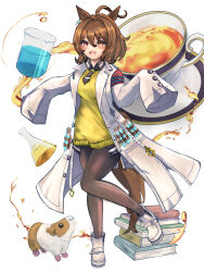  1girl absurdres agnes_tachyon_(umamusume) ahoge animal animal_ears bandolier black_pantyhose black_shirt book book_stack brown_hair chemical_structure collared_shirt commentary_request cup erlenmeyer_flask flask full_body guinea_pig hair_between_eyes highres horse_ears horse_girl horse_tail iko_(saikoro_k0702) lab_coat long_sleeves looking_at_viewer open_clothes open_mouth pantyhose red_eyes shadow shirt shoes simple_background sleeves_past_fingers sleeves_past_wrists smile solo standing standing_on_one_leg sweater_vest tachi-e tail tea teacup test_tube umamusume white_background white_footwear yellow_sweater_vest 