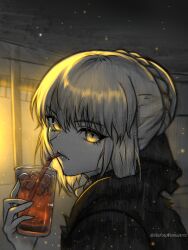  1girl artist_name artoria_pendragon_(all) artoria_pendragon_(fate) black_bow blonde_hair bow braid drinking drinking_straw fate/stay_night fate_(series) from_side hair_between_eyes hair_bow harutoyumaarts highres holding limited_palette looking_at_viewer portrait saber_alter short_hair solo yellow_eyes 