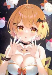  1girl :o ahoge ayamy bare_shoulders bat_hair_ornament blonde_hair blush breasts cleavage collarbone commentary_request hair_ornament heart heart_hands heart_in_eye highres hololive large_breasts looking_at_viewer obake-chan_(yozora_mel) short_hair solo star_(symbol) star_in_eye symbol_in_eye upper_body virtual_youtuber yozora_mel yozora_mel_(1st_costume) 