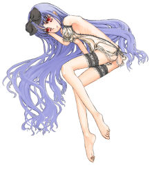  1girl barefoot blue_hair garter_belt long_hair original red_eyes ribbon see-through white_ribbon yunoka_gashu 